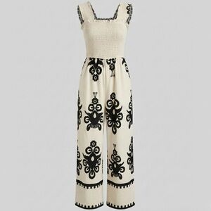 Boho Smocked Bodice Jumpsuit Wide Leg Paisley Print cream & black, S-M (stretch)